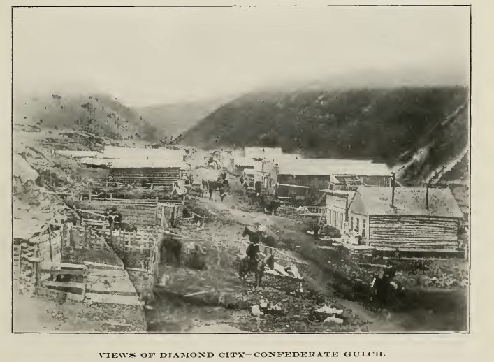 Diamond City, the gold rush settlement in Confederate Gulch, circa 1870 — the same gulch where Wartena was mining 70 years later