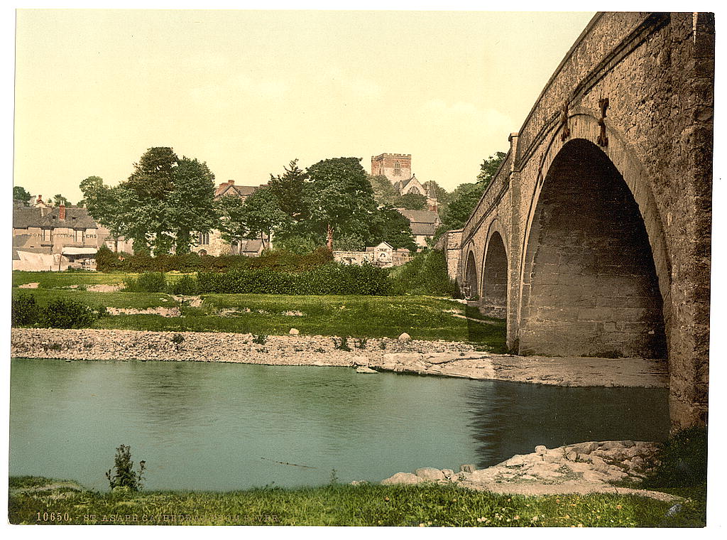 St Asaph Cathedral from the River Elwy, c. 1890–1900 — the smallest city in Wales, where the encounter was reported